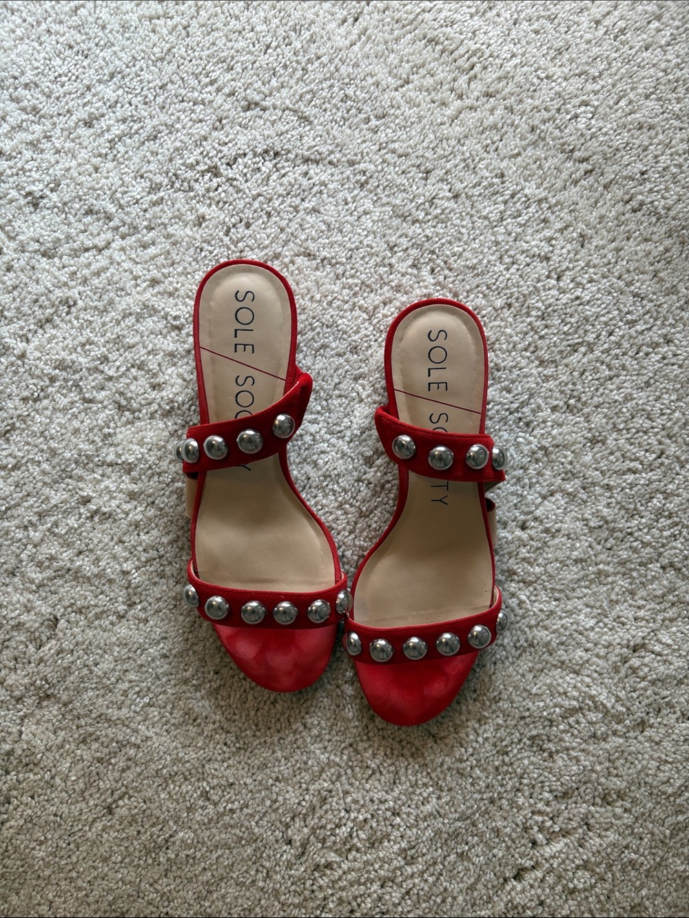 Sole Society Red Double-Strap Studded Slide Mules